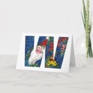 W LETTER / SANTA CLAUS WITH RED RIBBON MONOGRAM HOLIDAY CARD