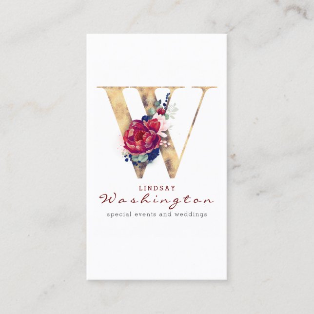 W Monogram Burgundy Gold and Navy Blue Floral Business Card (Front)