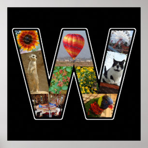 W Monogram Create Your Own 9 Photo Collage Black Poster