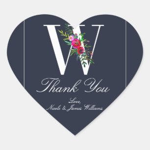 W Monogram Last Initial Modern Blue Floral Wedding Heart Sticker