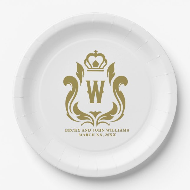 W Monogrammed Gold Crest Paper Plate (Front)