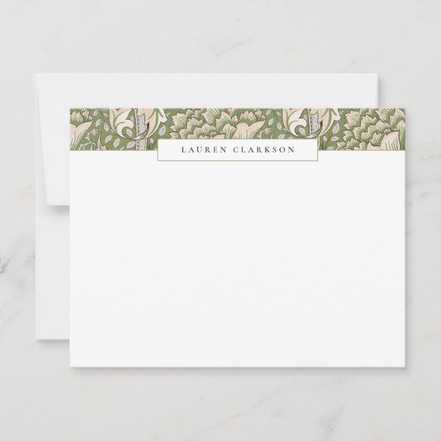 W. Morris Green Floral Top Border Stationery card (Front)