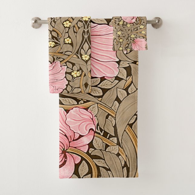 W Morris Pimpernel Pattern in Pink & Sepia Bath Towel Set (Insitu)
