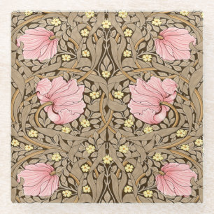 W Morris Pimpernel Pattern in Pink & Sepia Glass Coaster
