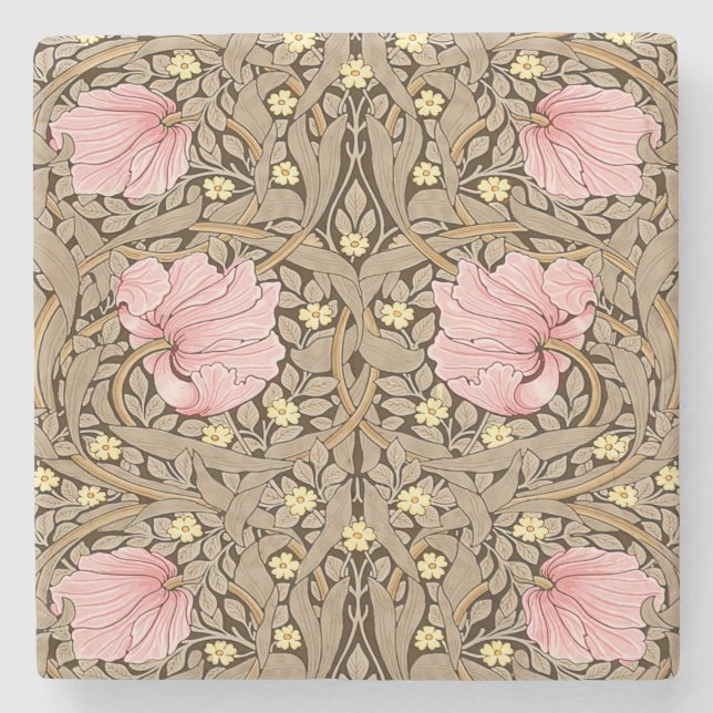 W Morris Pimpernel Pattern in Pink & Sepia Stone Coaster (Front)