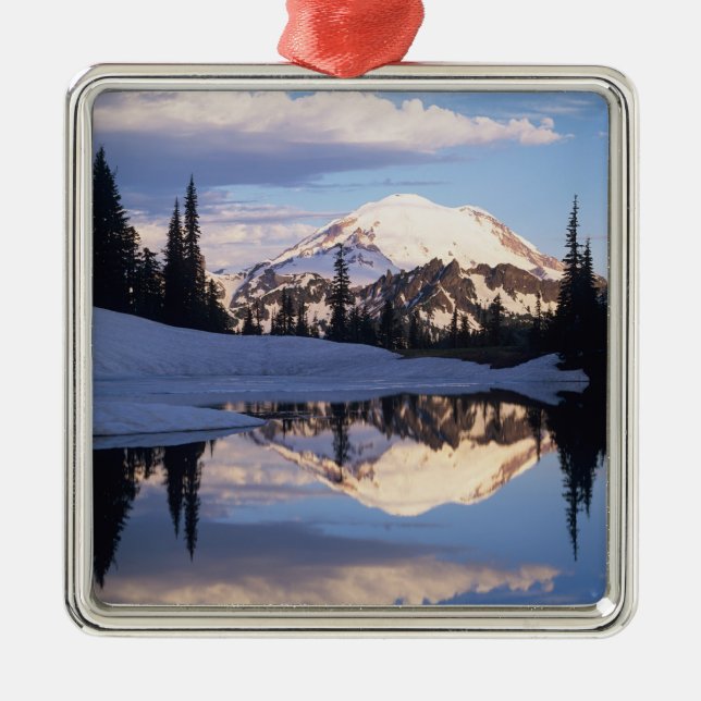 WA, Mt. Rainier NP, Mt. Rainier and clouds Metal Tree Decoration (Front)