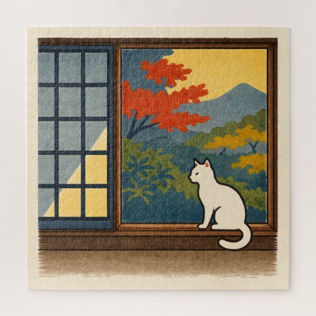 Wa – Quiet Window with White Cat Jigsaw Puzzle (Vertical)