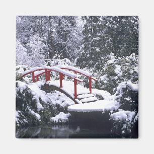 WA, Seattle, Moon bridge and pond after winter Magnet