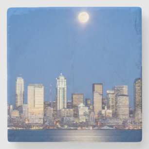 WA, Seattle, Seattle skyline and Elliott Bay 3 Stone Coaster