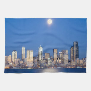 WA, Seattle, Seattle skyline and Elliott Bay 3 Tea Towel