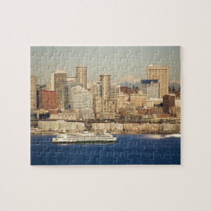 WA, Seattle, Seattle skyline and Elliott Bay Jigsaw Puzzle
