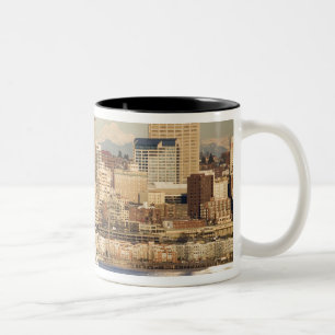 WA, Seattle, Seattle skyline and Elliott Bay Two-Tone Coffee Mug
