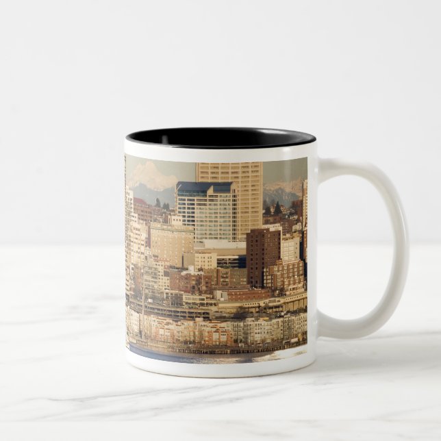 WA, Seattle, Seattle skyline and Elliott Bay Two-Tone Coffee Mug (Right)