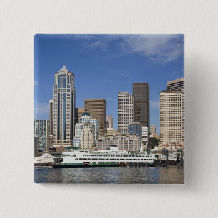 WA, Seattle, Seattle skyline with ferry boat 15 Cm Square Badge