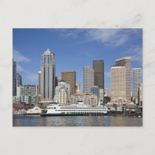 WA, Seattle, Seattle skyline with ferry boat Postcard