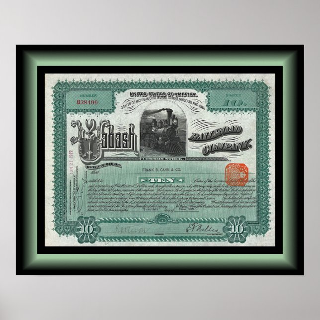 Wabash Railroad Company Stock Certificate ~ 1912   Poster (Front)