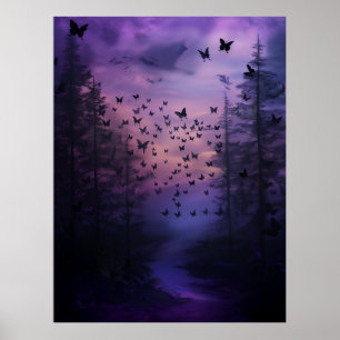 Wabi Sabi Black Butterflies Purple Forest Abstract Poster