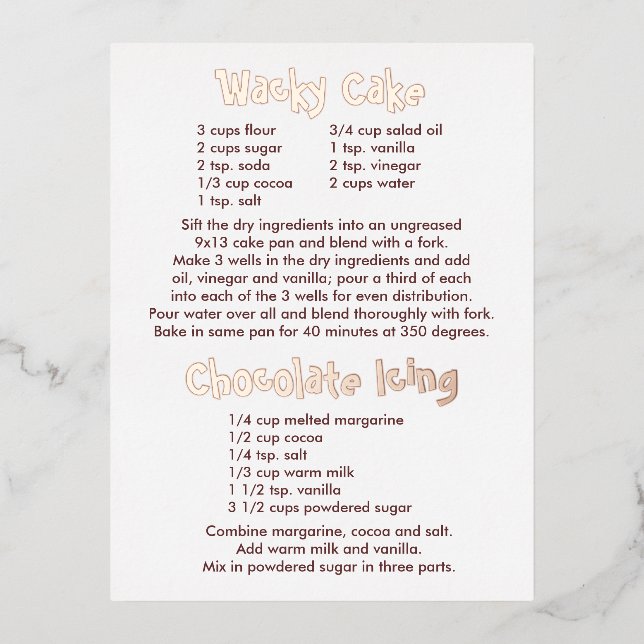 Wacky Cake and Chocolate Icing Recipes Postcard (Front)