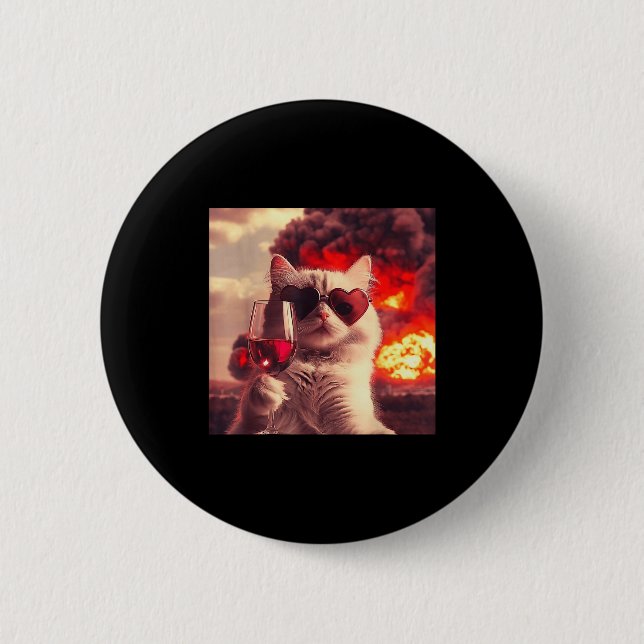 Wacky Cat Holding Wine Selfi With Fire Funny Sungl 6 Cm Round Badge (Front)