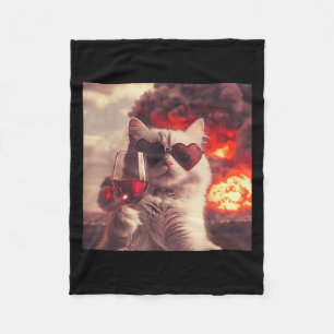 Wacky Cat Holding Wine Selfi With Fire Funny Sungl Fleece Blanket