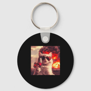 Wacky Cat Holding Wine Selfi With Fire Funny Sungl Key Ring