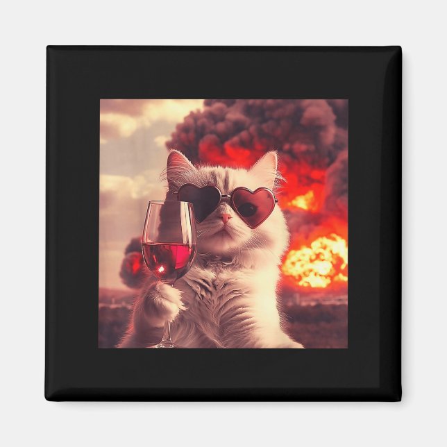Wacky Cat Holding Wine Selfi With Fire Funny Sungl Magnet (Front)
