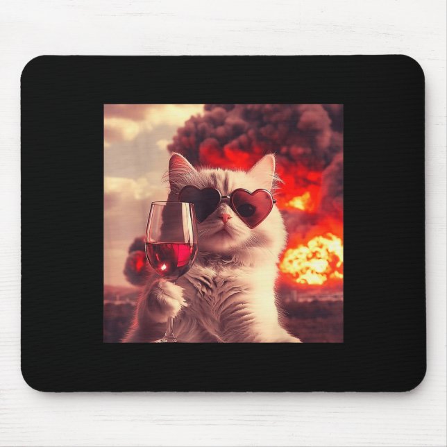 Wacky Cat Holding Wine Selfi With Fire Funny Sungl Mouse Mat (Front)