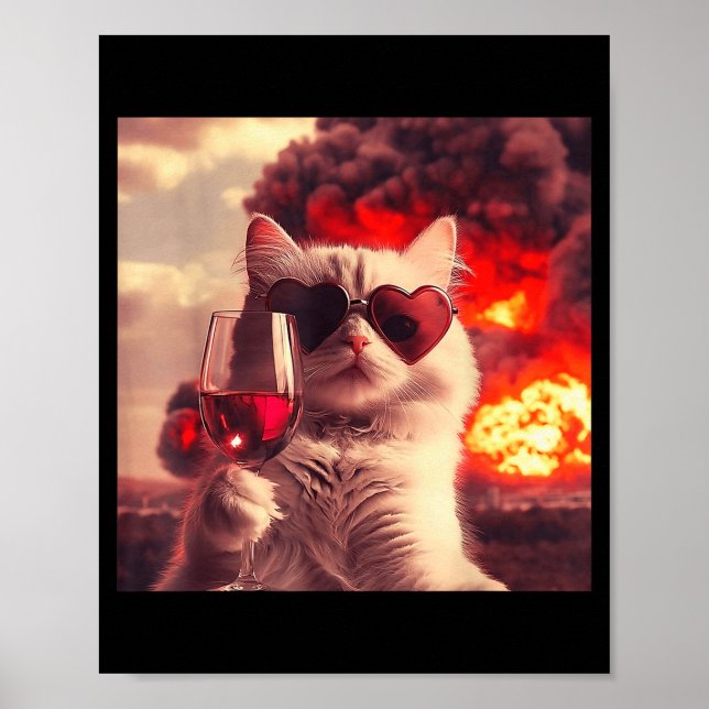 Wacky Cat Holding Wine Selfi With Fire Funny Sungl Poster (Front)