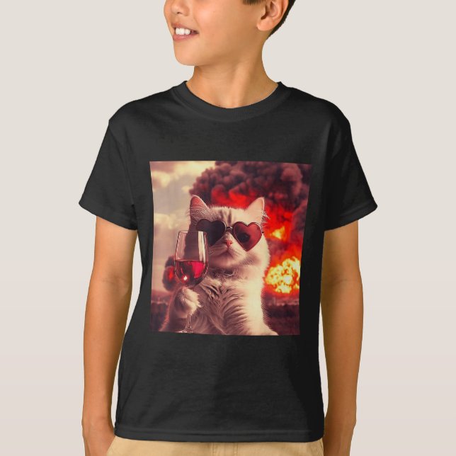Wacky Cat Holding Wine Selfi With Fire Funny Sungl T-Shirt (Front)
