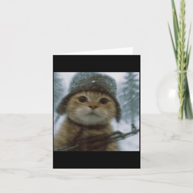 Wacky Cat Snow Kitten Soldier Selfie With Gun Meme Card (Front)
