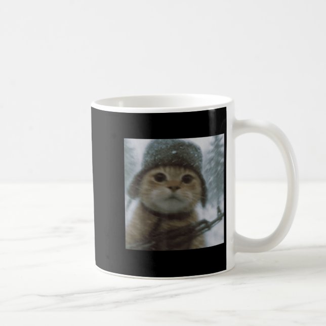 Wacky Cat Snow Kitten Soldier Selfie With Gun Meme Coffee Mug (Right)