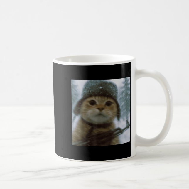 Wacky Cat Snow Kitten Soldier Selfie With Gun Meme Coffee Mug (Right)