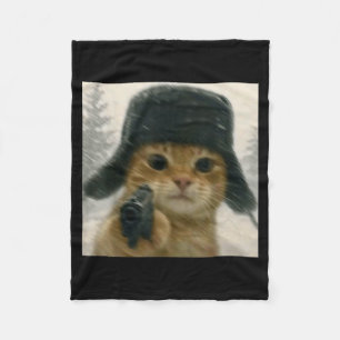 Wacky Cat Wearing Ushanka Hat Russian Meme Cat Hum Fleece Blanket