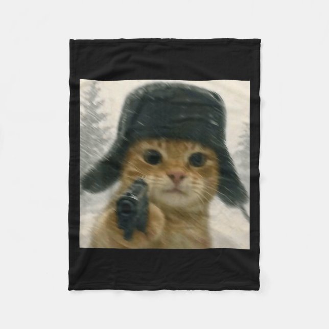 Wacky Cat Wearing Ushanka Hat Russian Meme Cat Hum Fleece Blanket (Front)