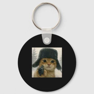 Wacky Cat Wearing Ushanka Hat Russian Meme Cat Hum Key Ring