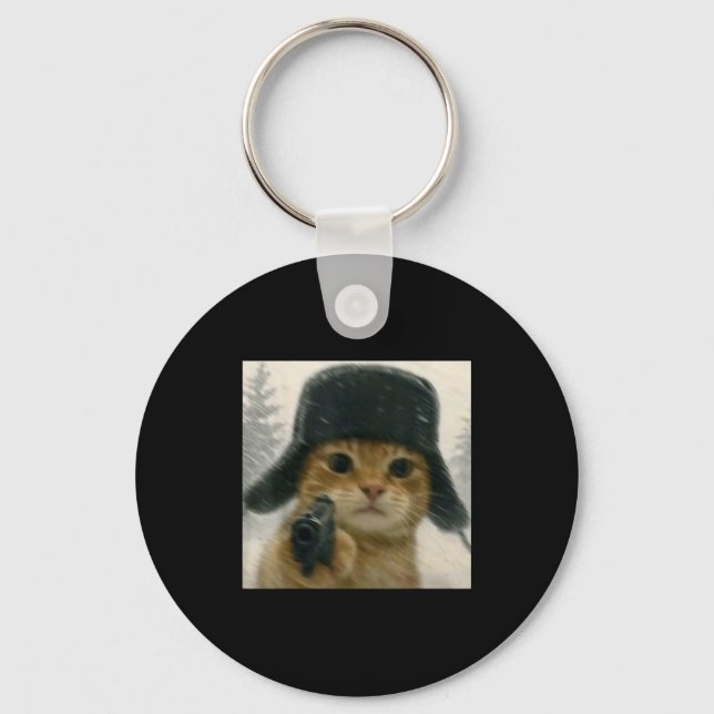 Wacky Cat Wearing Ushanka Hat Russian Meme Cat Hum Key Ring (Front)