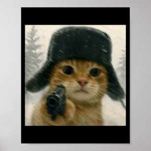 Wacky Cat Wearing Ushanka Hat Russian Meme Cat Hum Poster