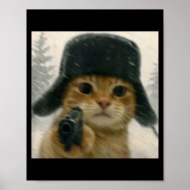 Wacky Cat Wearing Ushanka Hat Russian Meme Cat Hum Poster (Front)