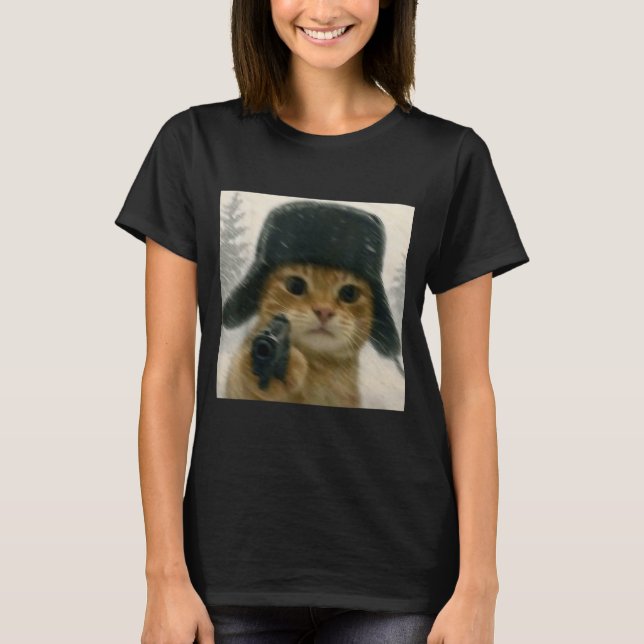 Wacky Cat Wearing Ushanka Hat Russian Meme Cat Hum T-Shirt (Front)