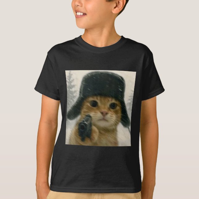 Wacky Cat Wearing Ushanka Hat Russian Meme Cat Hum T-Shirt (Front)