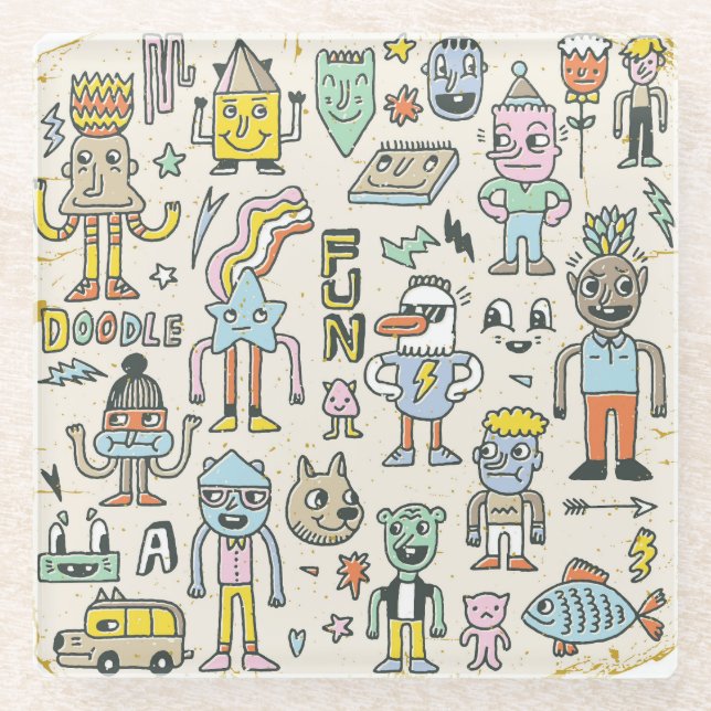 Wacky Doodles: Vintage Character Set Glass Coaster (Front)