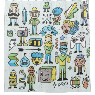 Wacky hipsters doodle set 2. Colourful vintage han Shower Curtain