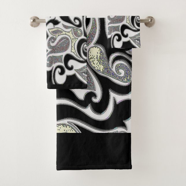 Wacky Retro Abstract Swirl in Black and White Bath Towel Set (Insitu)