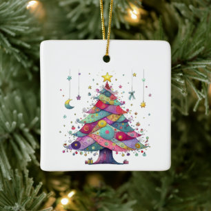 Wacky Whimsical Christmas Tree, Bright Colours Cer Ceramic Ornament