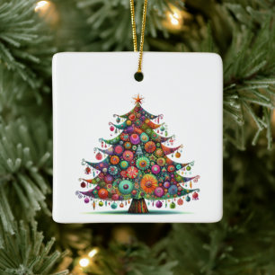 Wacky Whimsical Christmas Tree, Bright Colours Ceramic Ornament