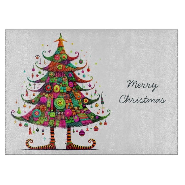 Wacky Whimsical Christmas Tree, Bright Colours, Cutting Board (Front)