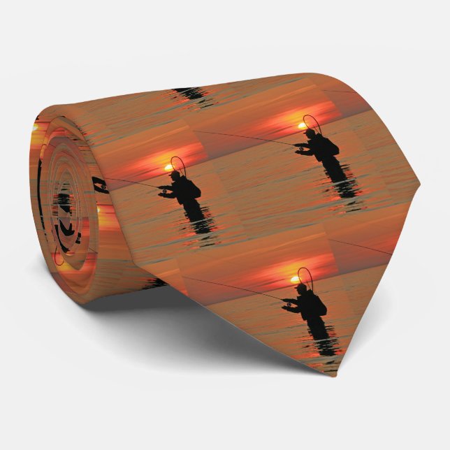 Wade Fishing Man Water Sunset Tie (Rolled)