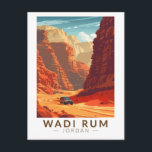 Wadi Rum Jordan Travel Art Vintage Postcard<br><div class="desc">Wadi Rum retro vector travel design. Also known as the Valley of the Moon,  Wadi Rum is a desert landscape stretching into the horizon,  the red,  sandy terrain punctuated by fantastic rock formations.</div>