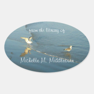 Wading Gulls Custom Bookplate Oval Sticker