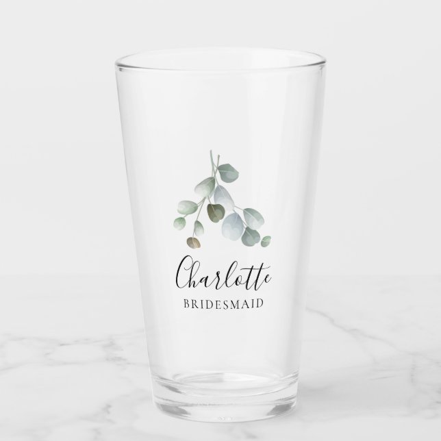 Waercolor Eucalyptus Script Wedding Bridesmaid Glass (Front)
